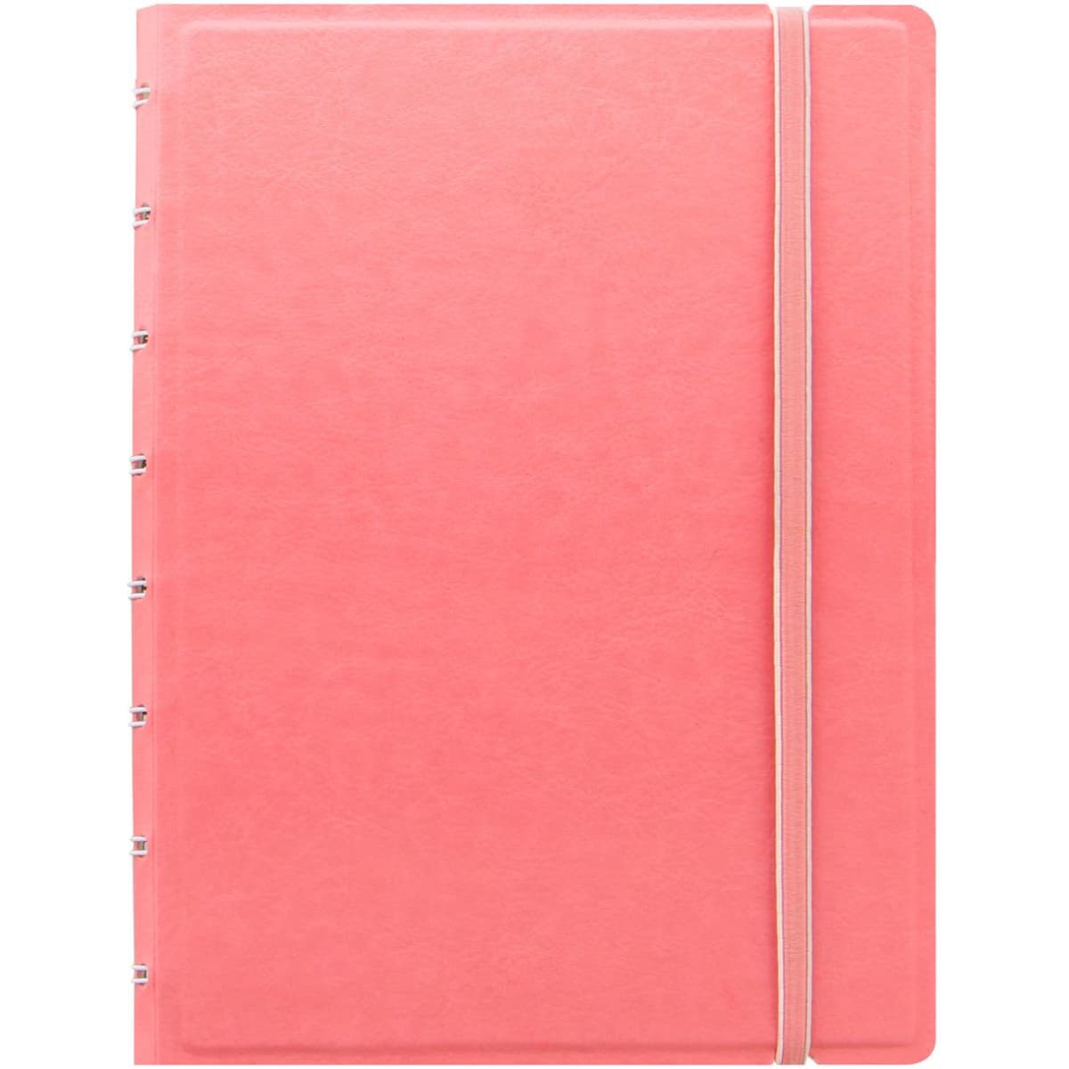 A pink A5 notebook with a textured cover and an elastic closure, featuring a branding logo.