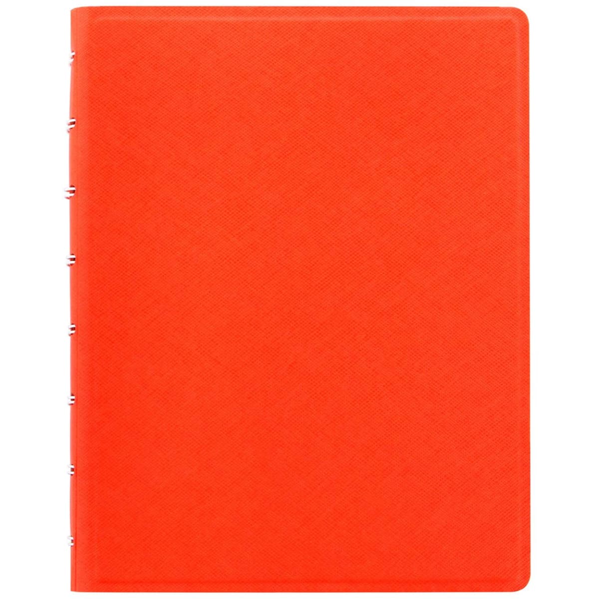 A bright orange A5 notebook with a textured cover and decorative binding on the spine.