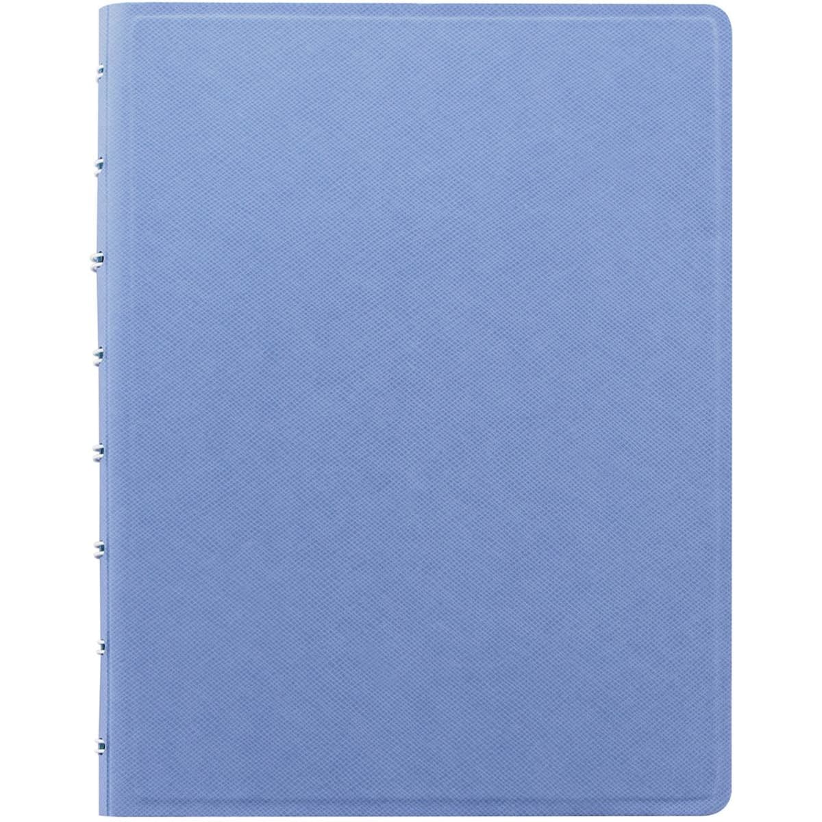 A blue A5 notebook with a textured cover and a binding on the left side, featuring a logo.