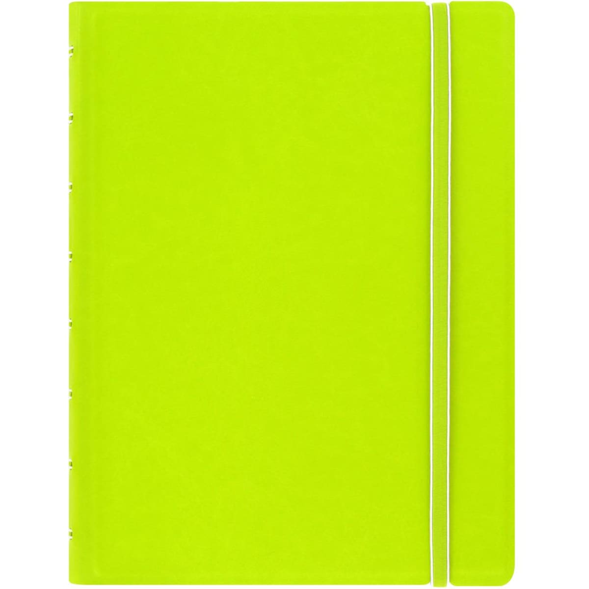 A bright green A5 notebook with a plain cover and elastic closure, featuring stitched spine details and a logo.