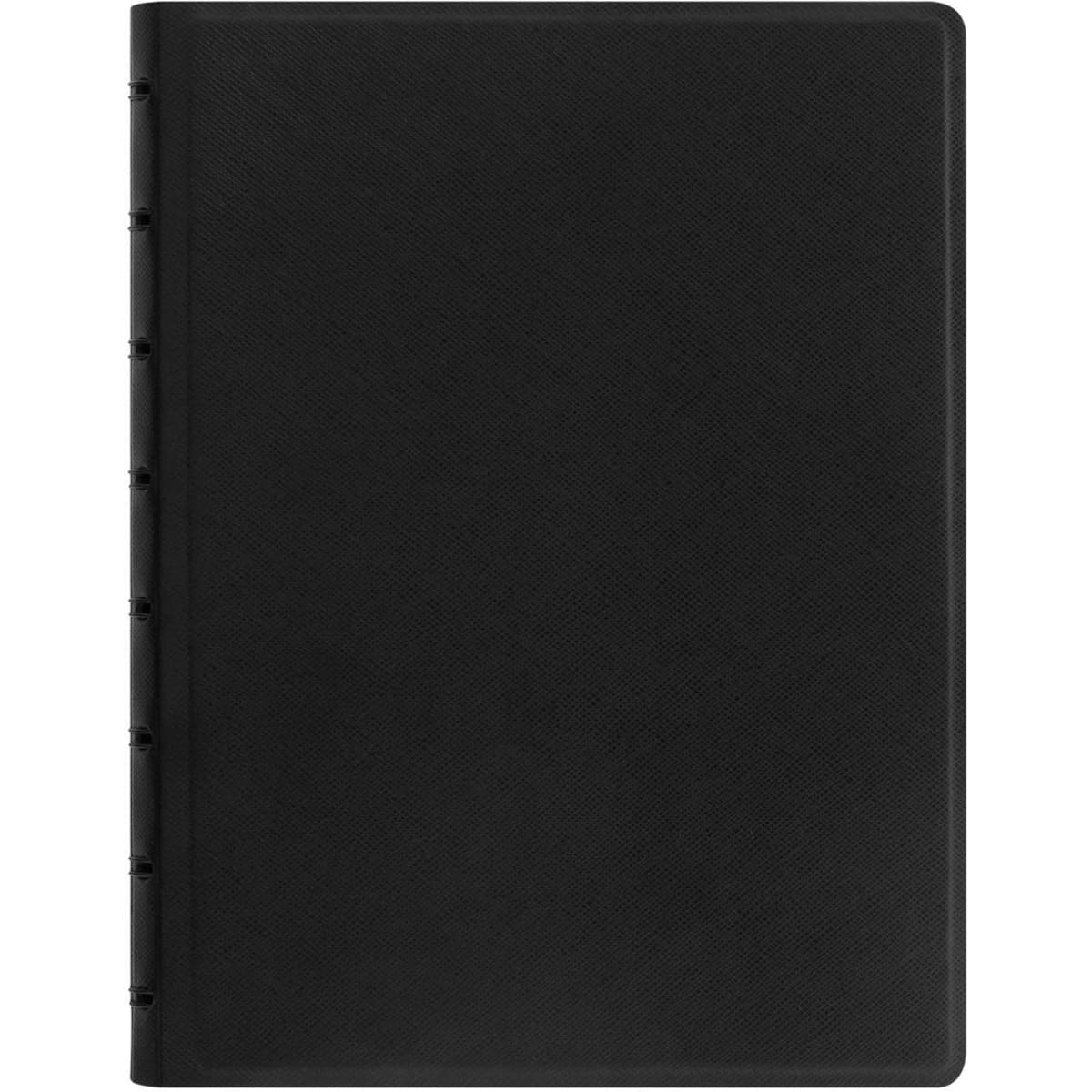 A black A5 notebook with a textured cover and a binding, featuring a logo on the front.