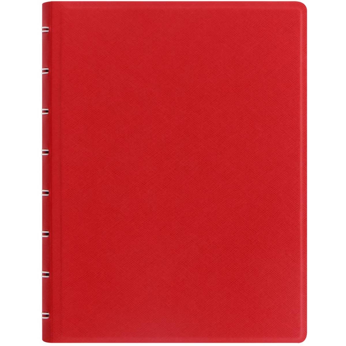 A red A5 notebook with a textured cover and silver spine detailing, featuring an unmarked front.