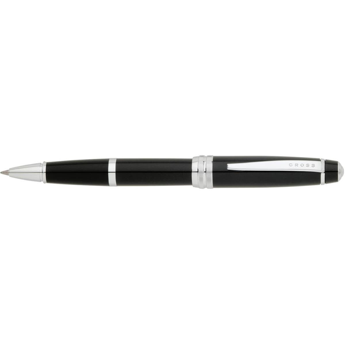 A black lacquer pen with silver accents, featuring a branding logo on the barrel.