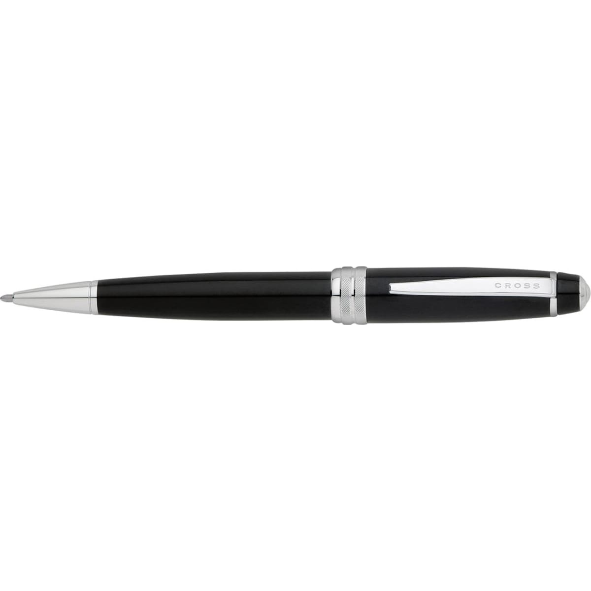 A black lacquer ballpoint pen with silver detailing and a logo on the side.