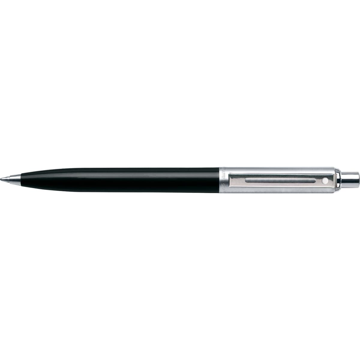A black and chrome ballpoint pen featuring a sleek design and a silver clip, with a logo on the barrel.