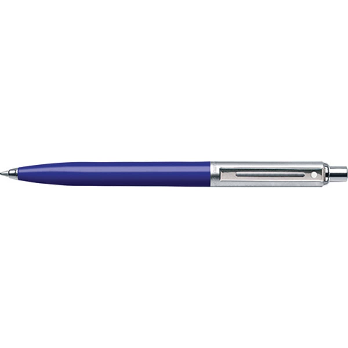 A blue and chrome ballpoint pen with a sleek design and a metallic clip, featuring a logo on the side.