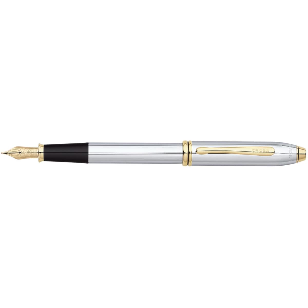 A fountain pen in chrome and black with a gold nib and detailed band, featuring a logo on the barrel.