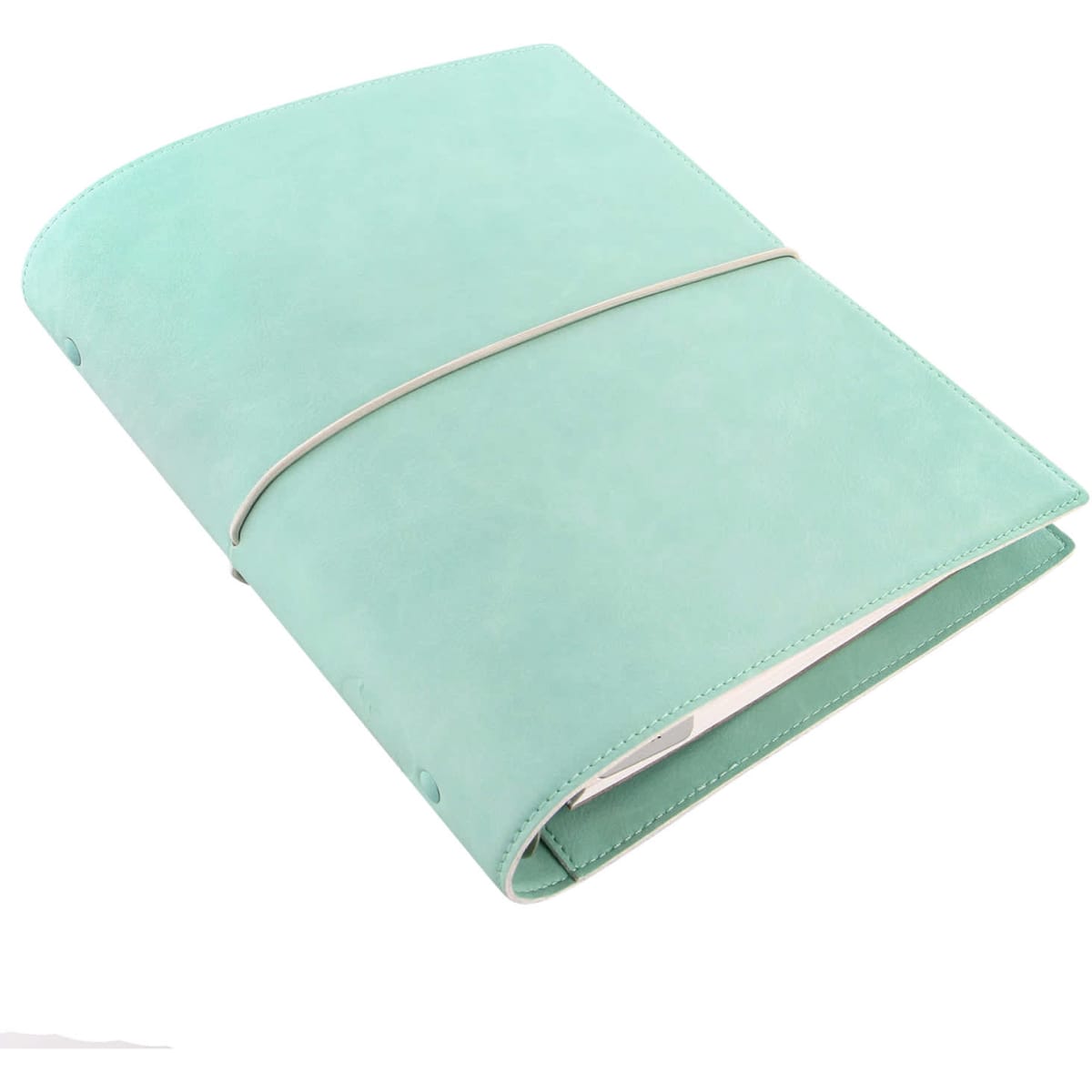 A duck egg blue organiser with a soft texture, featuring an elastic closure and a simple design.