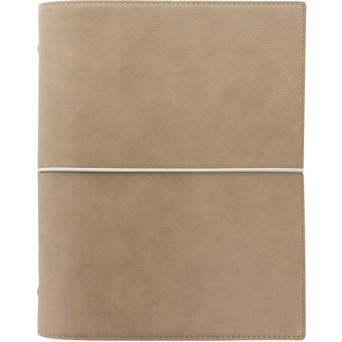 A fawn-coloured A5 organiser with a smooth finish and an elastic closure, featuring a branding logo.
