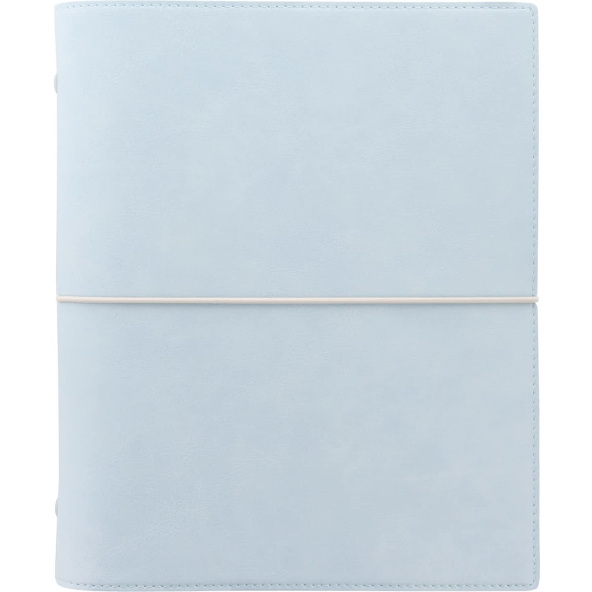 A pale blue A5 organiser with a soft texture and an elastic closure, featuring a logo.