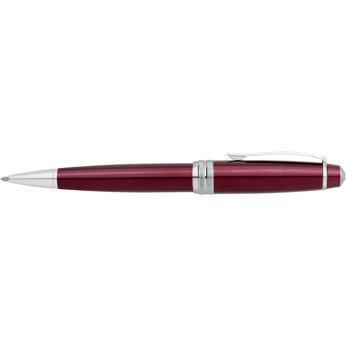 A red lacquer ballpoint pen with silver accents and a clip, featuring a sleek, elegant design.