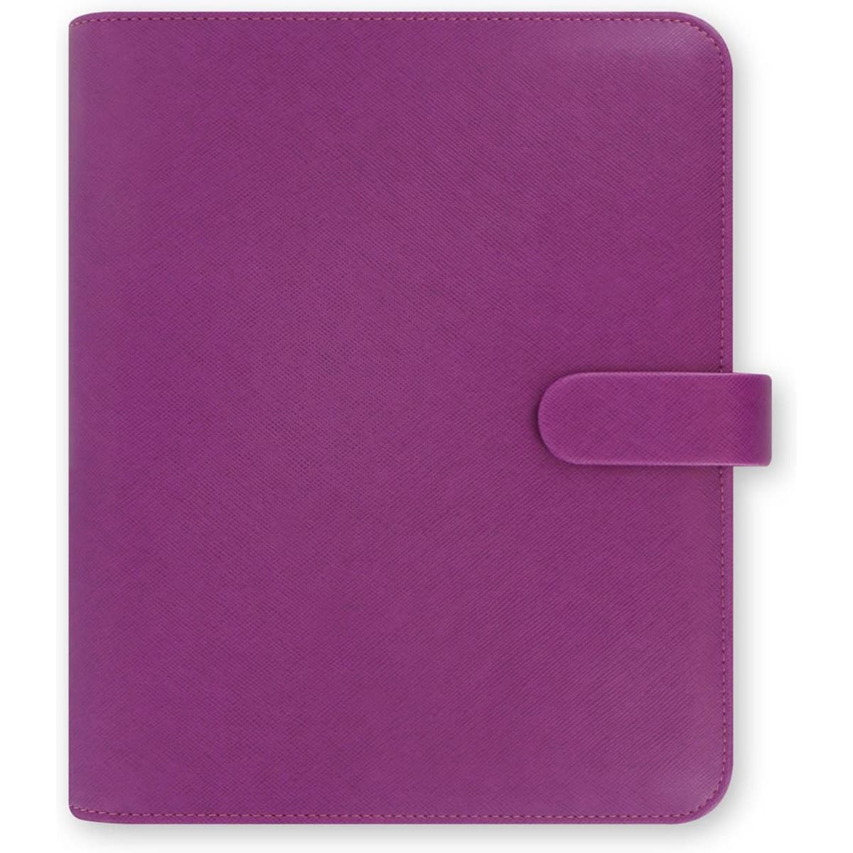 A raspberry A5 organiser with a smooth finish and a secure clasp closure. Features a logo on the cover.