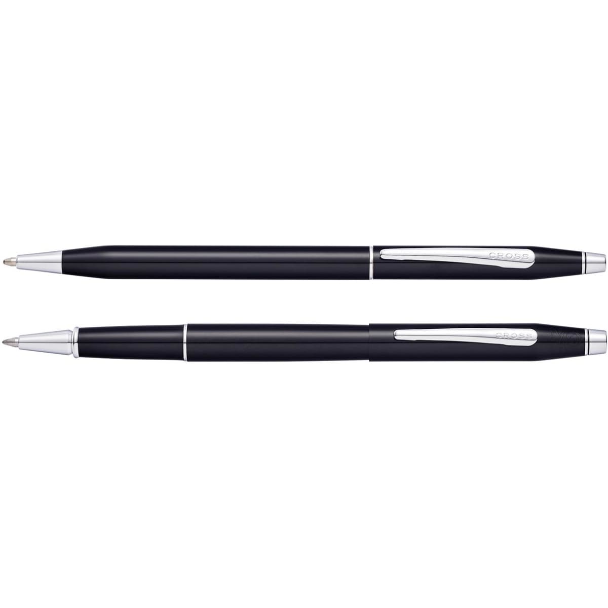 A black lacquer ballpoint pen and a black lacquer rollerball pen, both featuring silver accents and a logo.