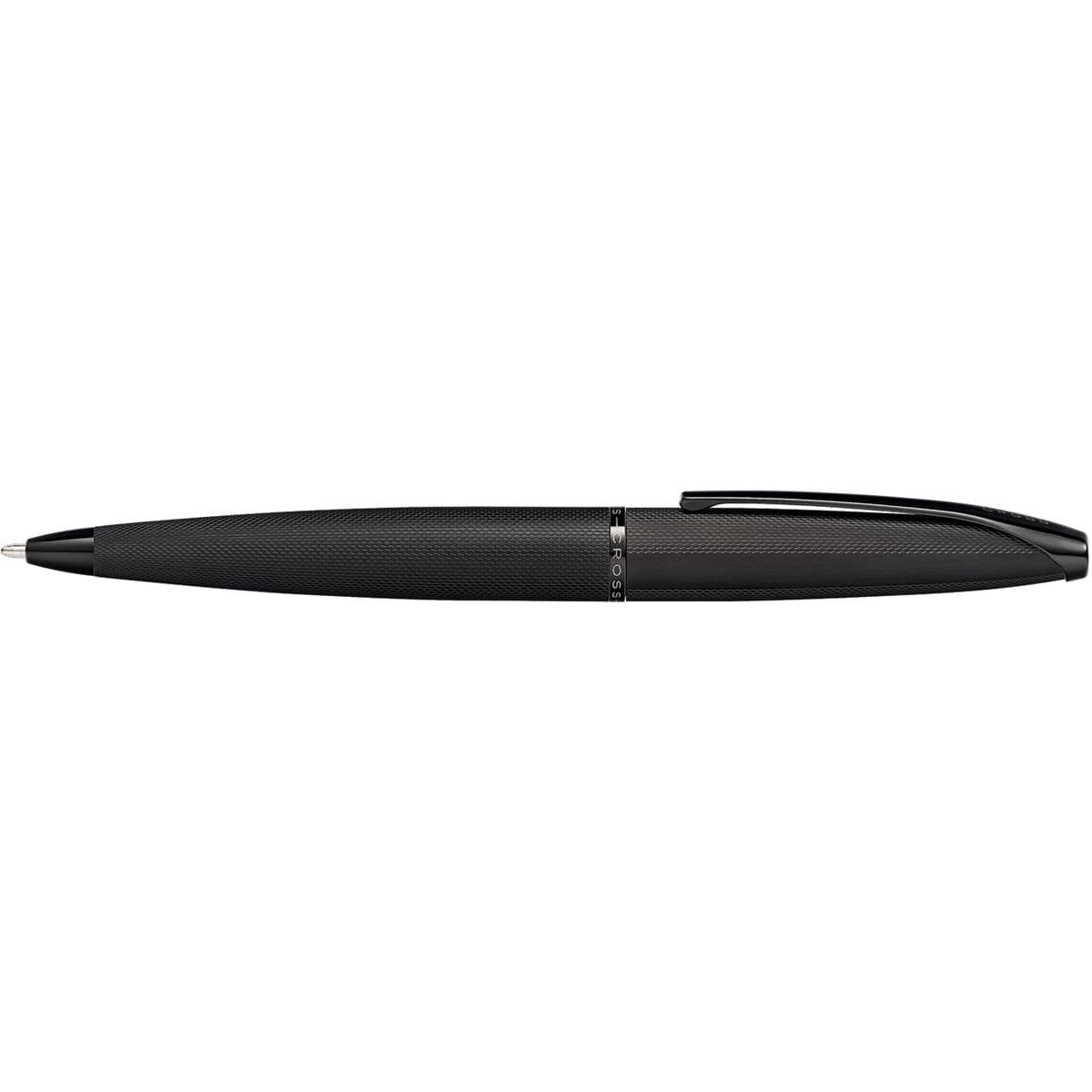 A black pen with a brushed finish and etched diamond design, featuring a sleek, ergonomic shape and a clip.