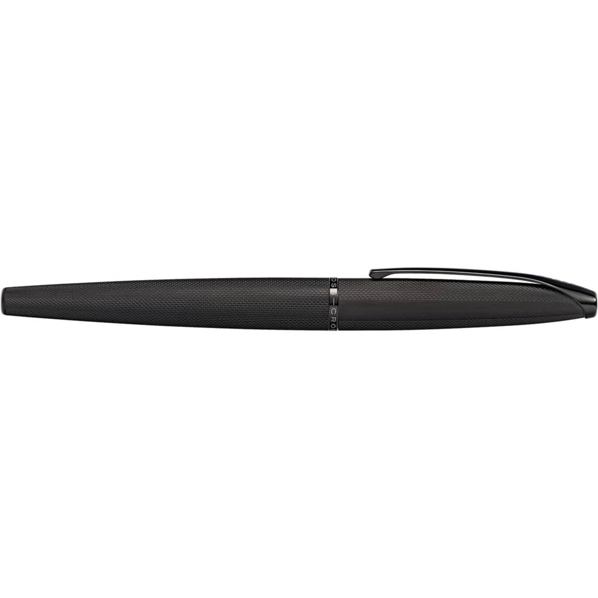 A sleek black ballpoint pen with a brushed finish and etched diamond pattern, featuring a clip for attachment.