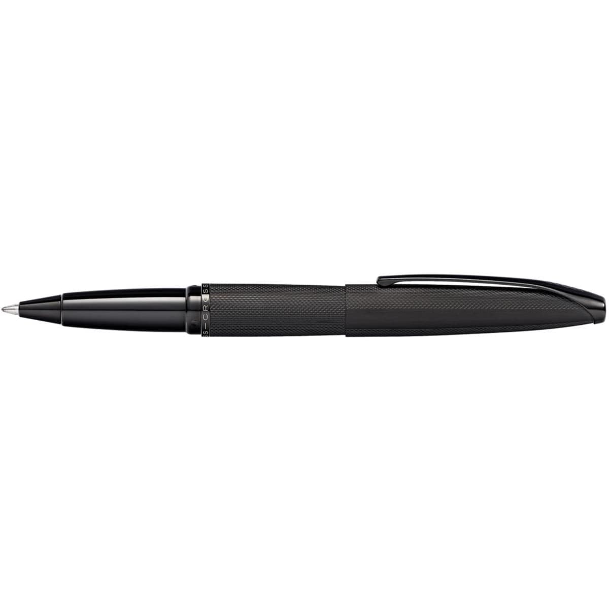 A sleek black pen with a brushed finish and etched design, featuring a clip and a logo.