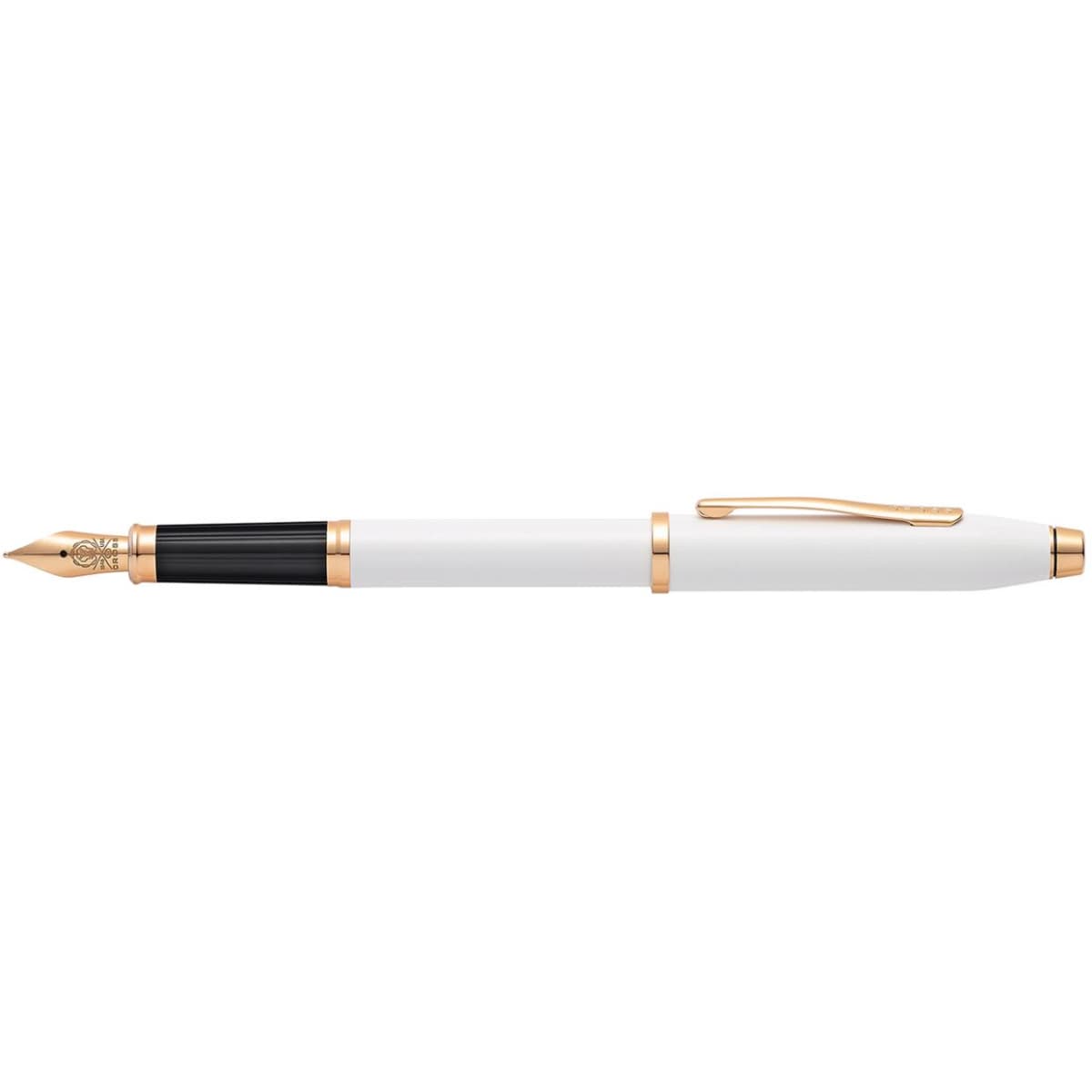 A fountain pen in pearlescent white with rose gold accents and black detailing. Features a decorative nib and a brand logo.