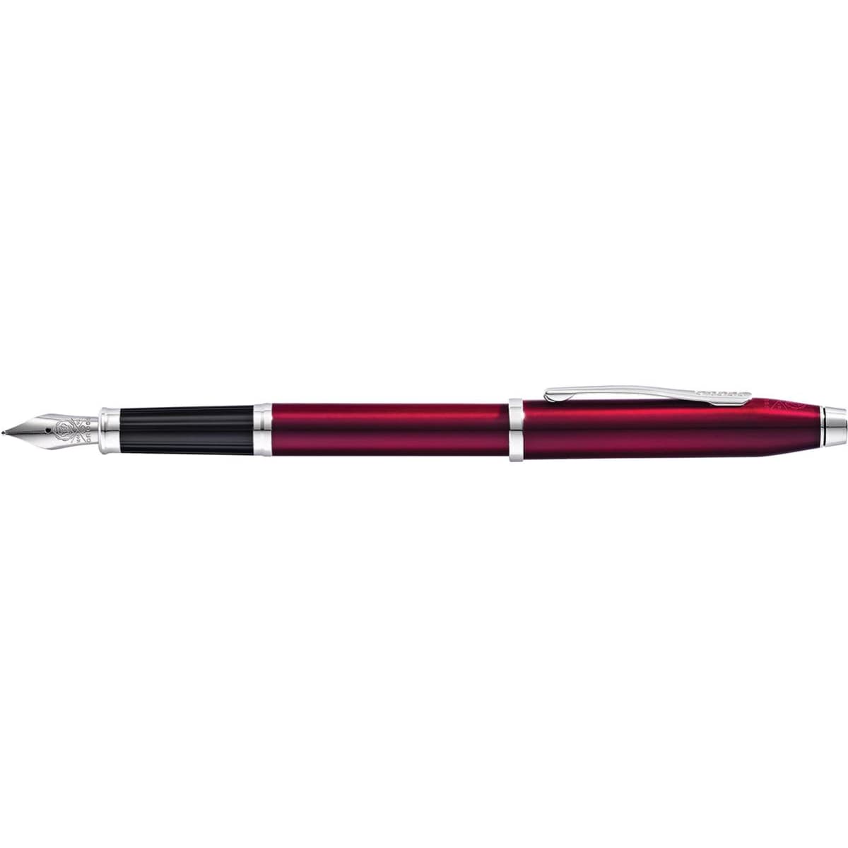 A fountain pen in translucent plum with rhodium plate appointments, featuring a silver clip and nib.