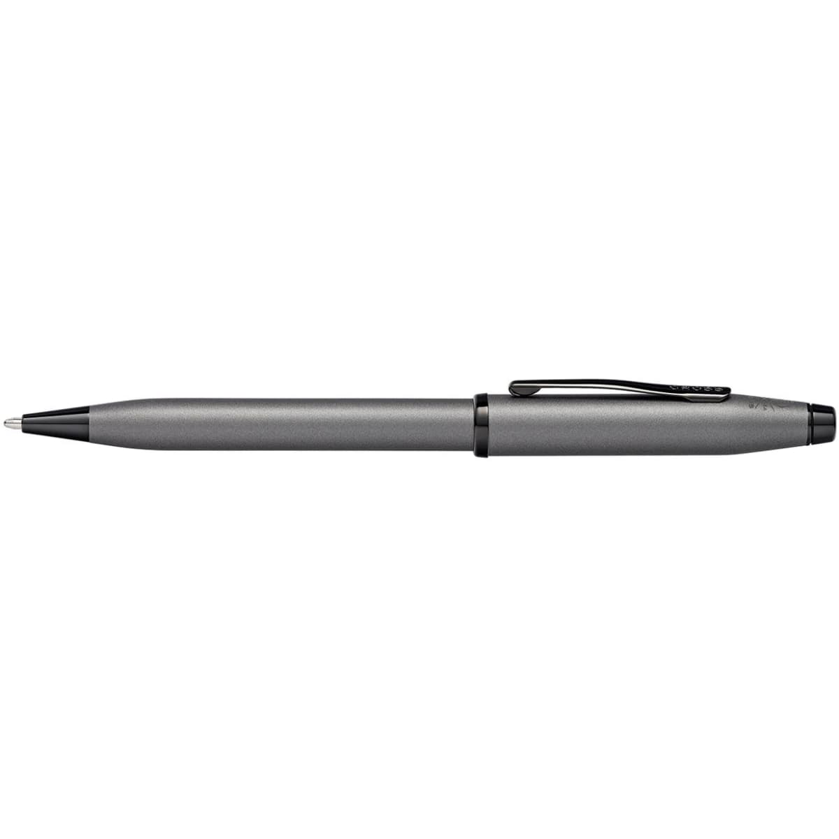 A pen in gunmetal grey with a black grip, featuring a clip and a branding logo.