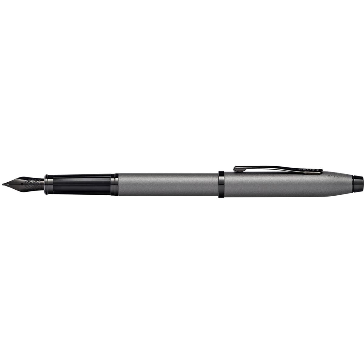 A fountain pen in gunmetal grey with black appointments and a clip. It features a sleek design and a nib at the tip.