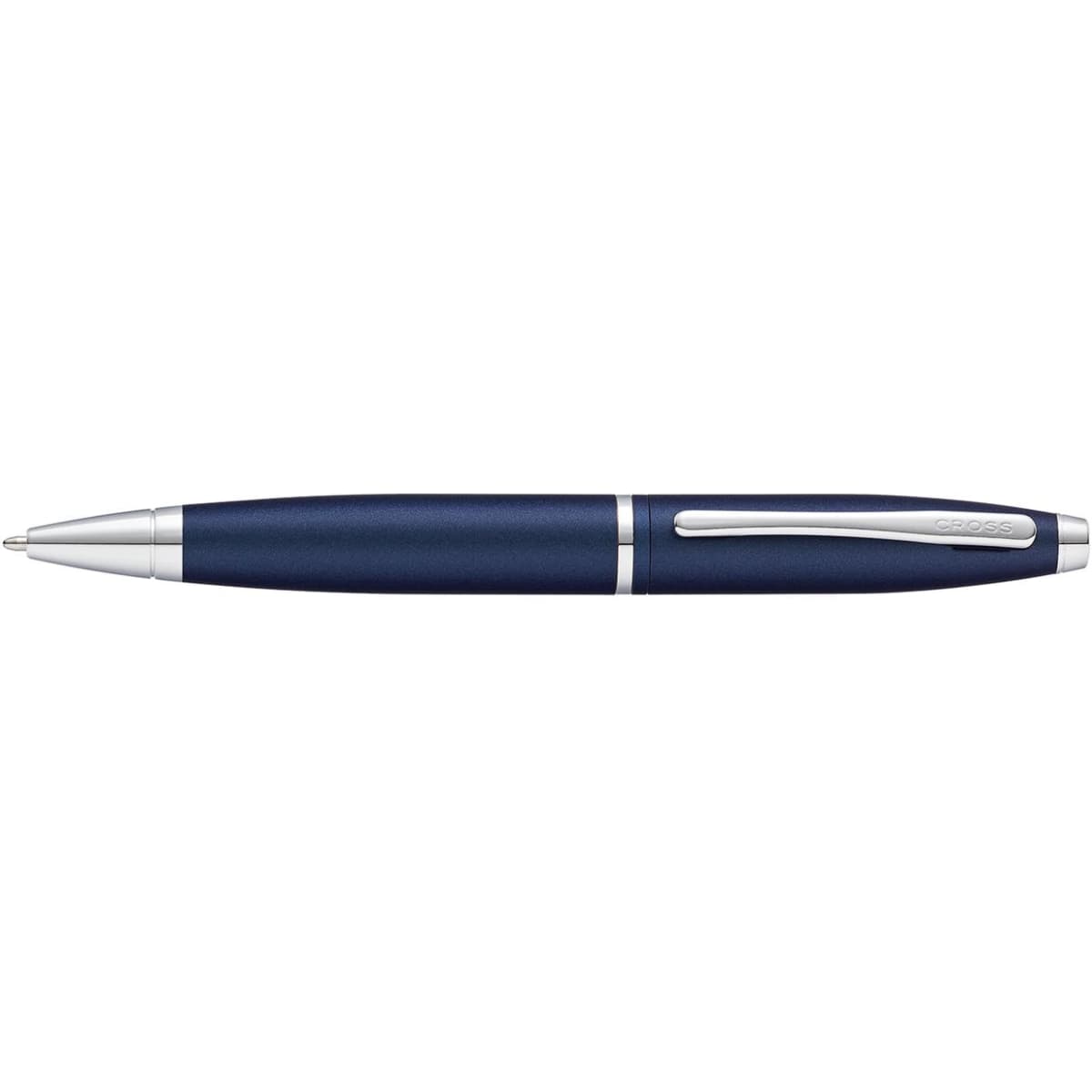 A pen in metallic midnight blue with silver accents and a branding logo.