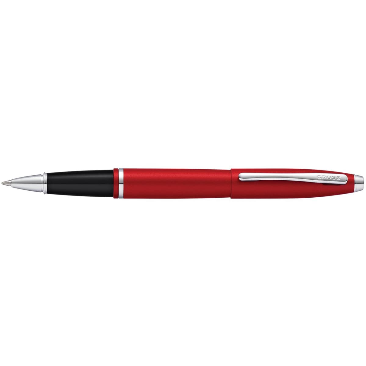 A pen featuring a matt metallic crimson body with black accents and a silver clip, displaying a logo on the side.