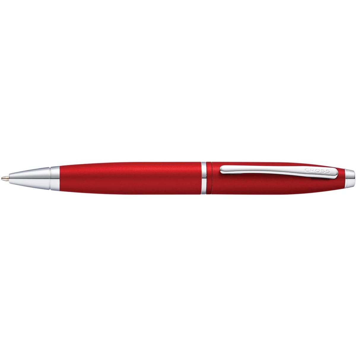 A pen in metallic crimson with silver accents and a clip, featuring a logo.