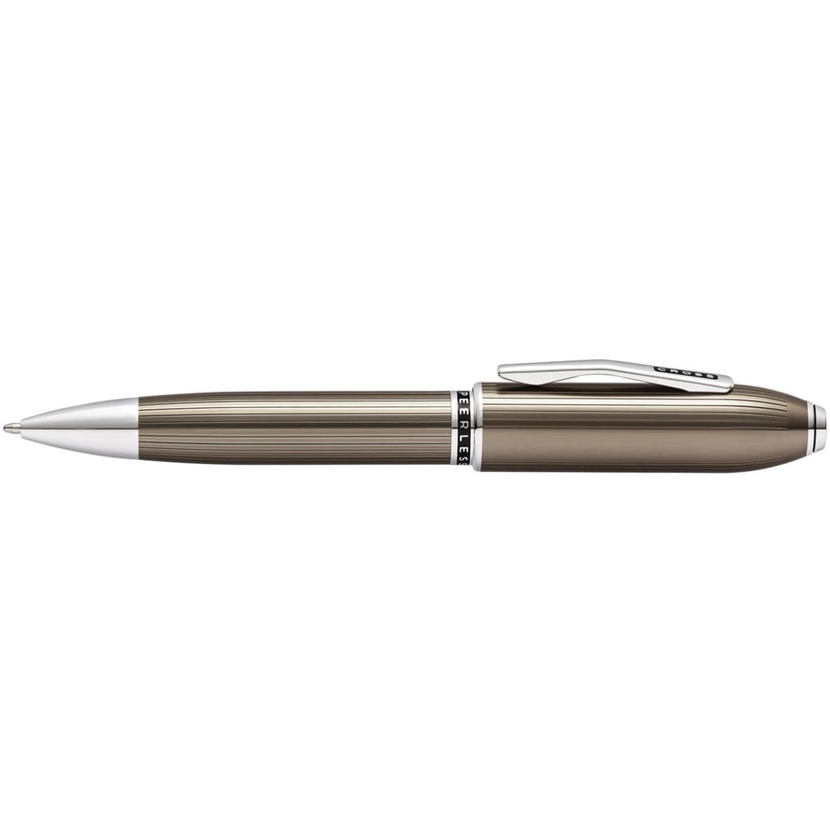 A pen in translucent titanium grey with silver accents and a retractable design. It features a logo on the barrel.