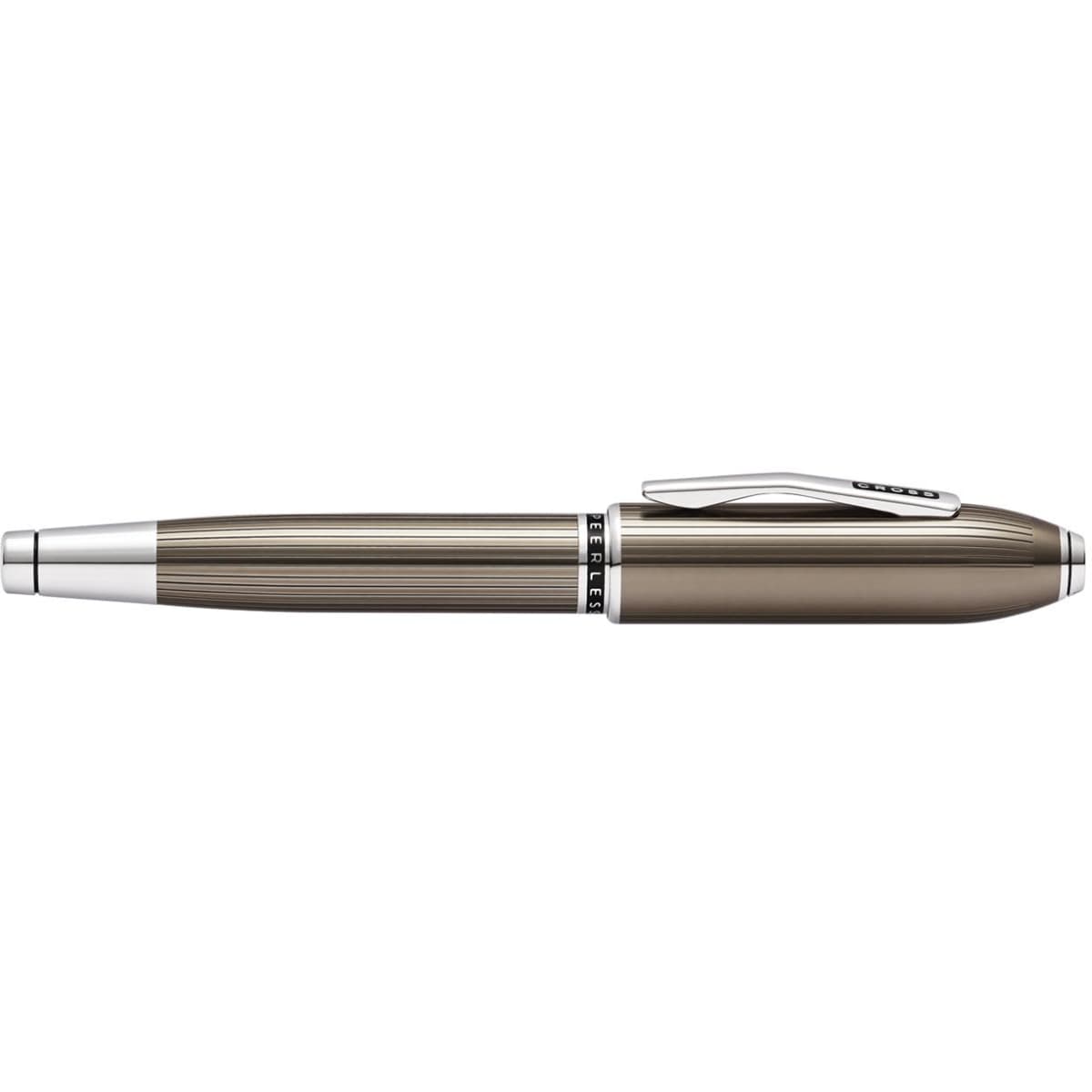 A pen in translucent titanium grey with silver accents and a sleek design. The pen features a clip and textured surface.