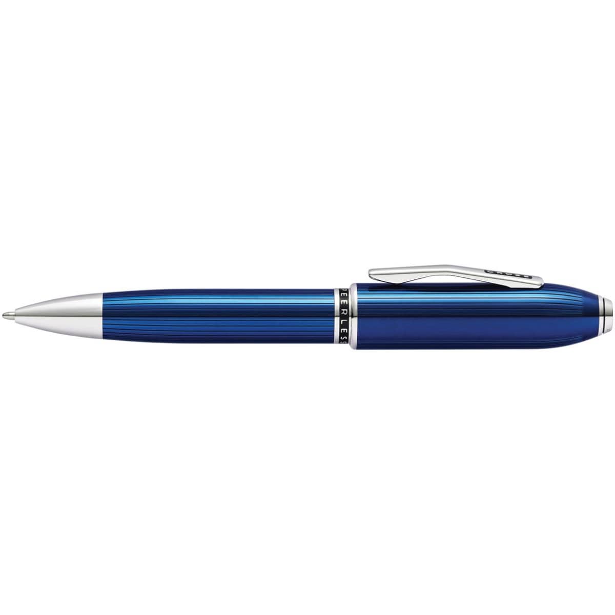 A pen in a vibrant blue colour with a silver clip and detailing, featuring a sleek design.
