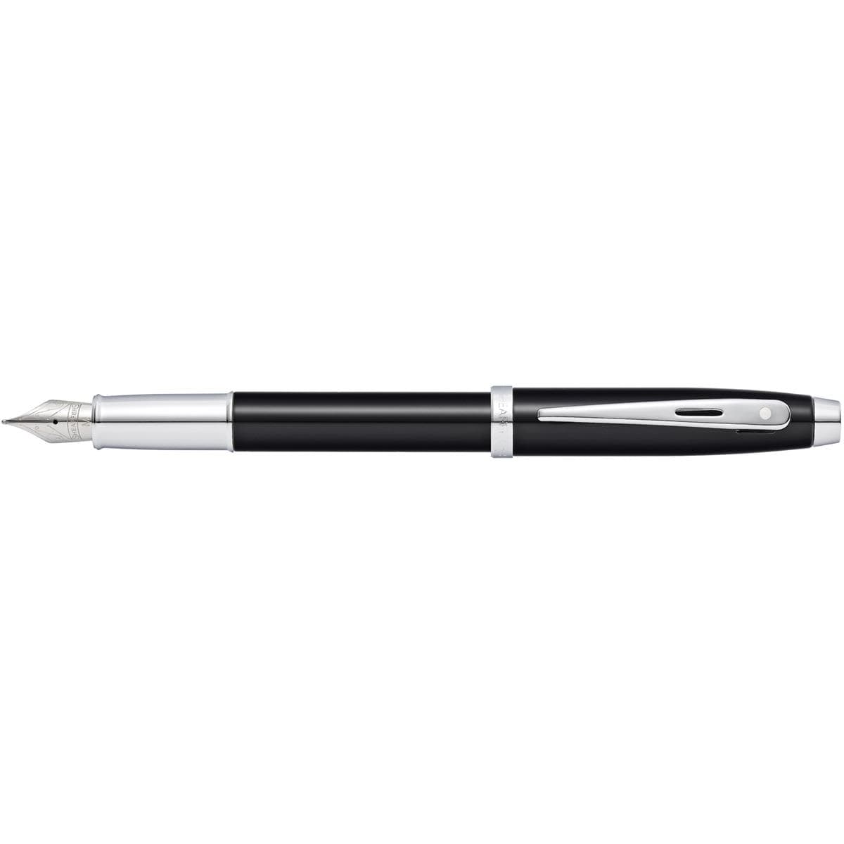 A fountain pen in glossy black lacquer with silver accents and a logo on the cap.