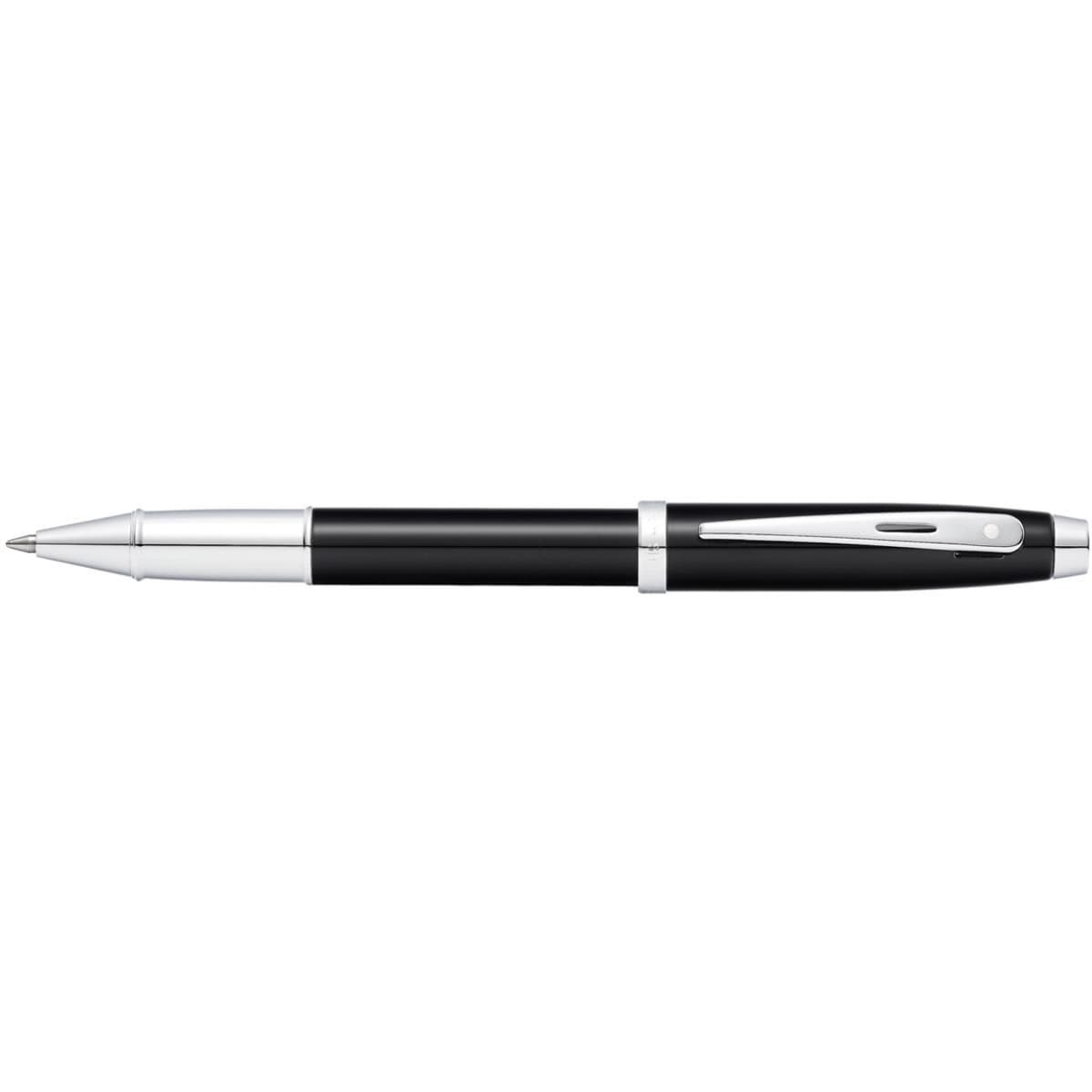 A glossy black lacquer rollerball pen with silver accents and a sleek design, featuring a branding logo.