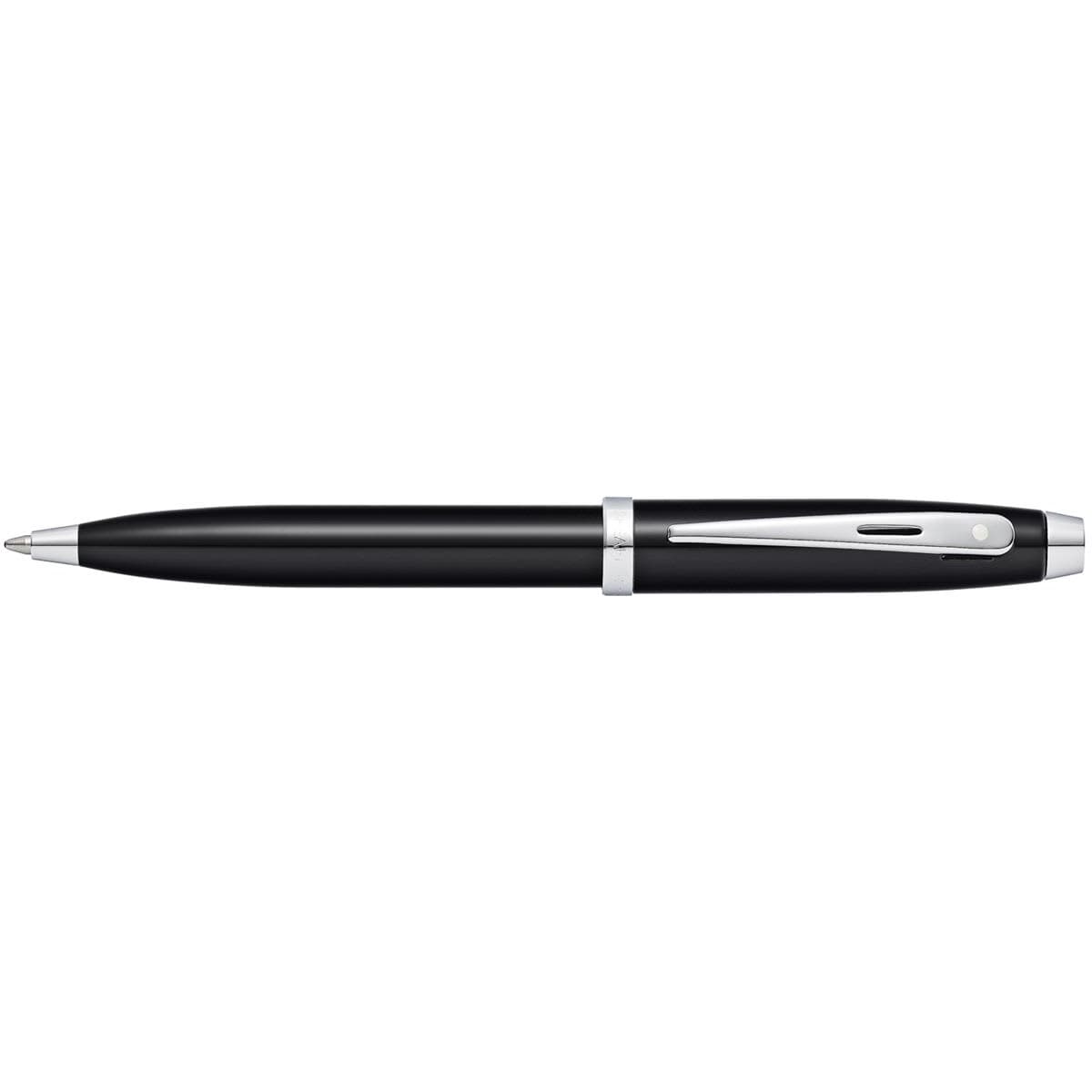 A glossy black lacquer ballpoint pen with silver accents and a clip, featuring a branding logo.