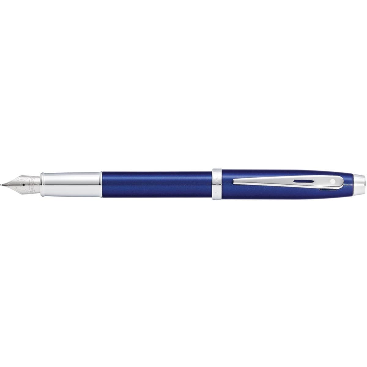 A fountain pen in glossy blue lacquer with silver accents and a branding logo on the body.