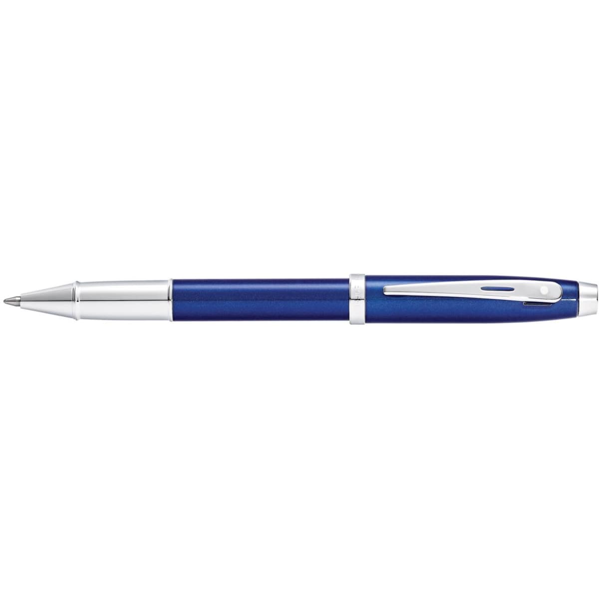 A blue lacquer rollerball pen with silver accents, featuring a clip and a sleek design.