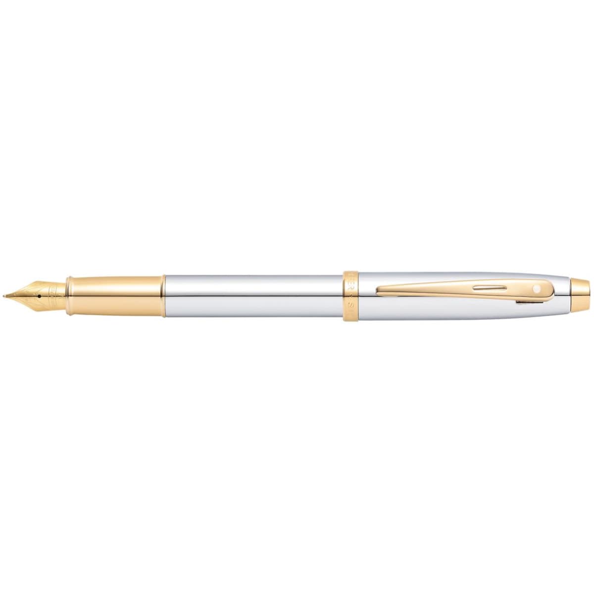 A fountain pen in chrome and gold, featuring a sleek design and a clip for easy carrying. Brand logo is included.