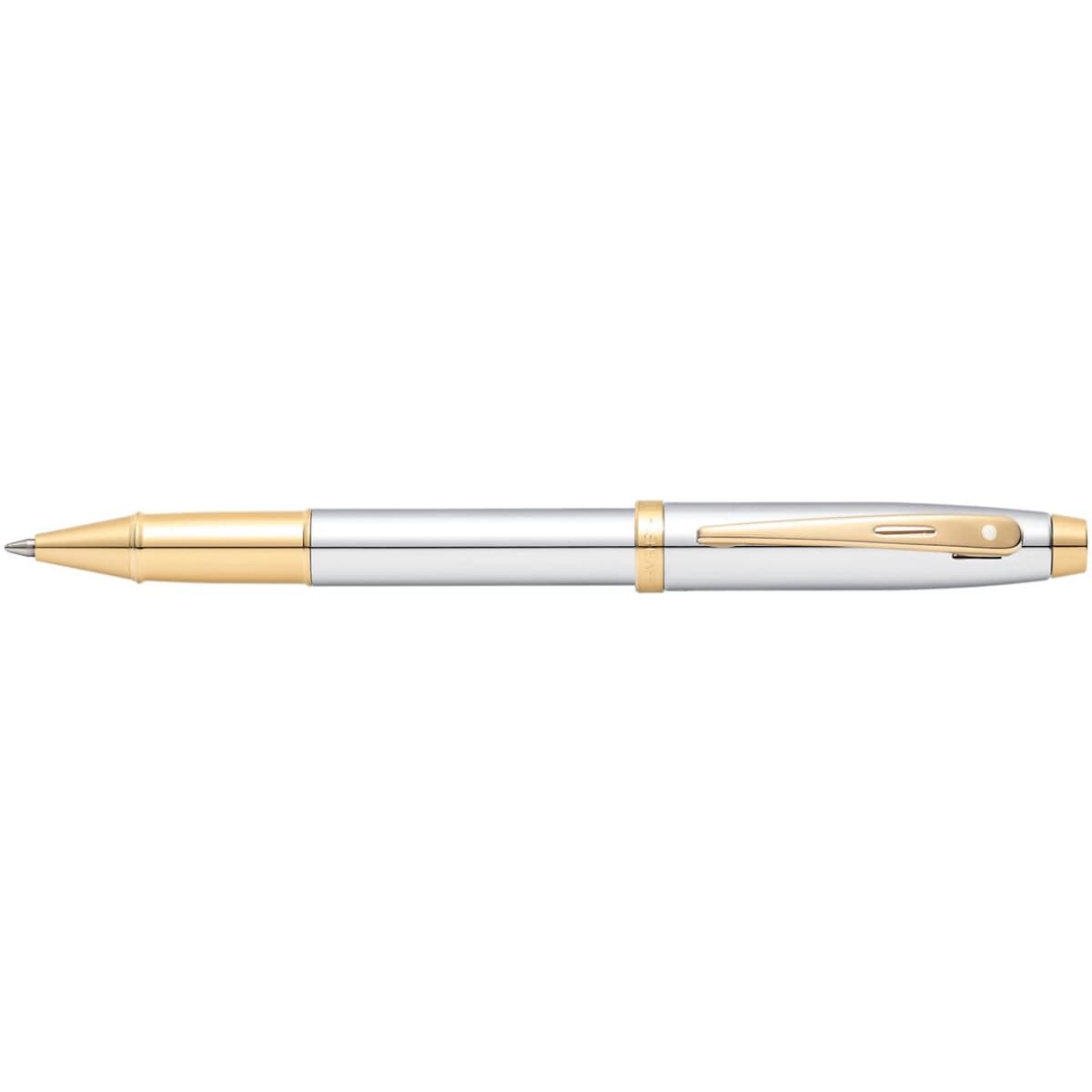 A ballpoint pen featuring a chrome body with gold accents and a clip, displaying a sleek and elegant design.