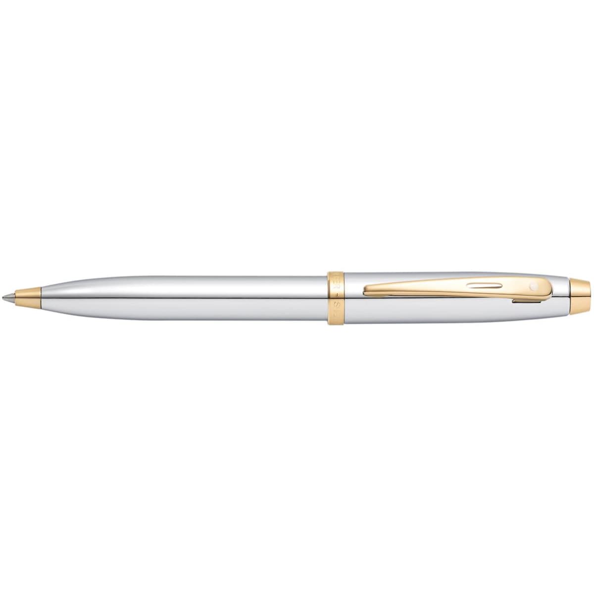 A silver and gold ballpoint pen with a sleek design, featuring a logo on the barrel.
