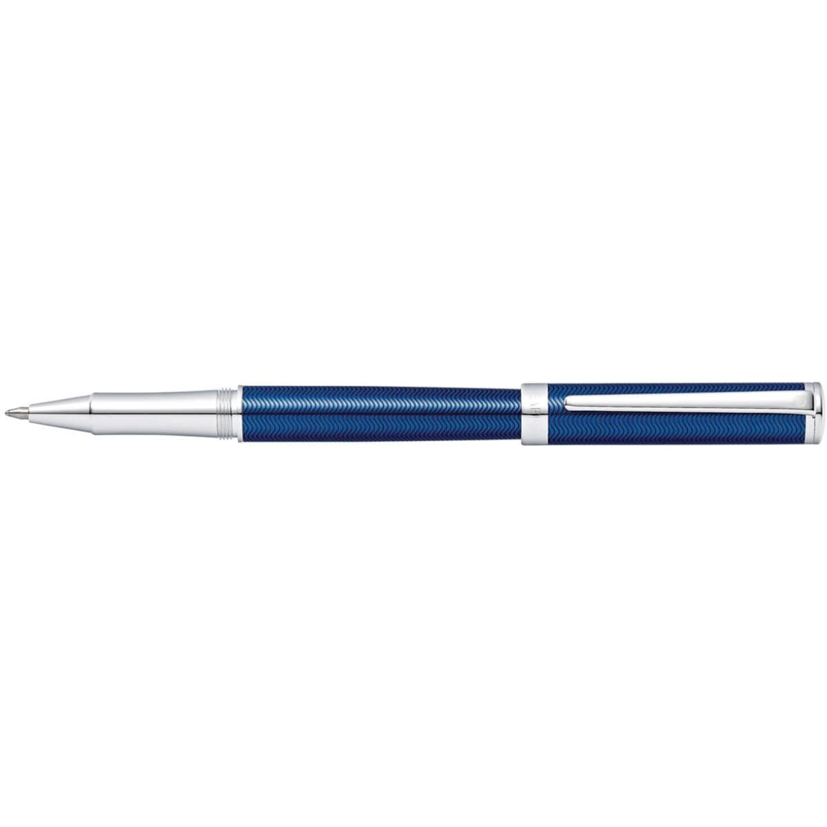 A rollerball pen with a blue and chrome design, featuring a textured finish and a silver clip.
