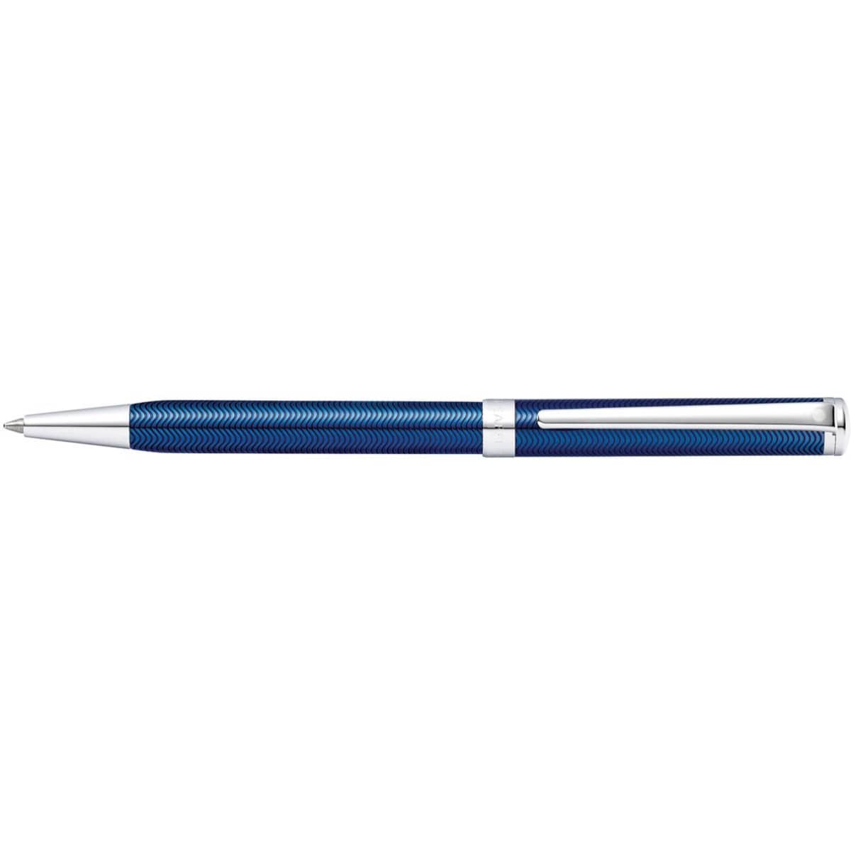 A blue and chrome engraved ballpoint pen with a sleek design and a branding logo.