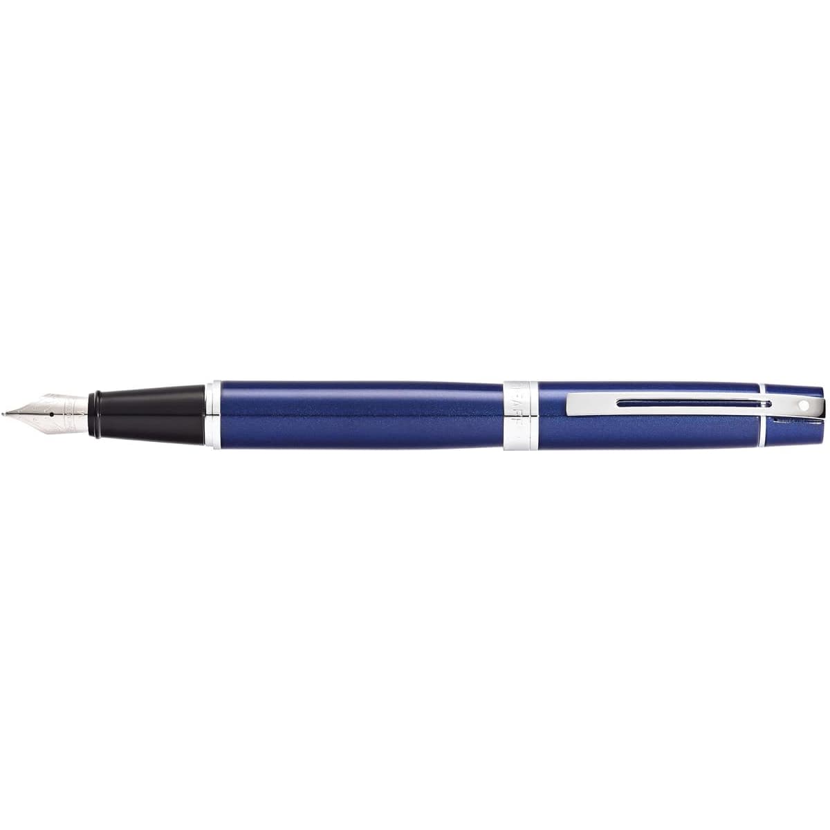 A glossy blue lacquer and chrome multi-function pen with a silver clip and nib. It also features branding.