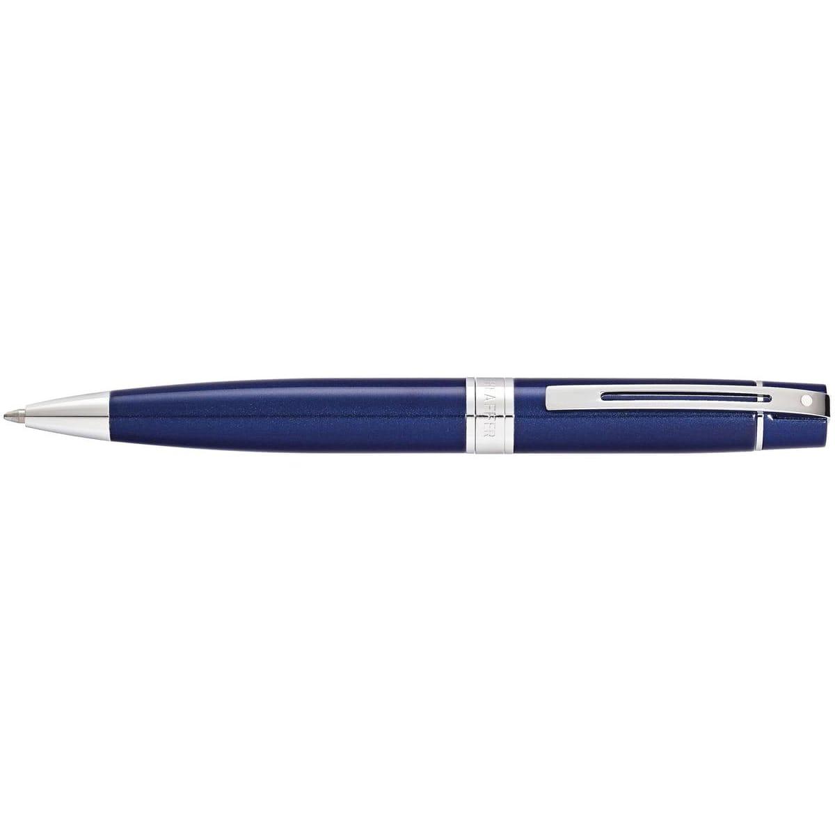 A glossy blue lacquer ballpoint pen with chrome accents and a logo, featuring a sleek, modern design.