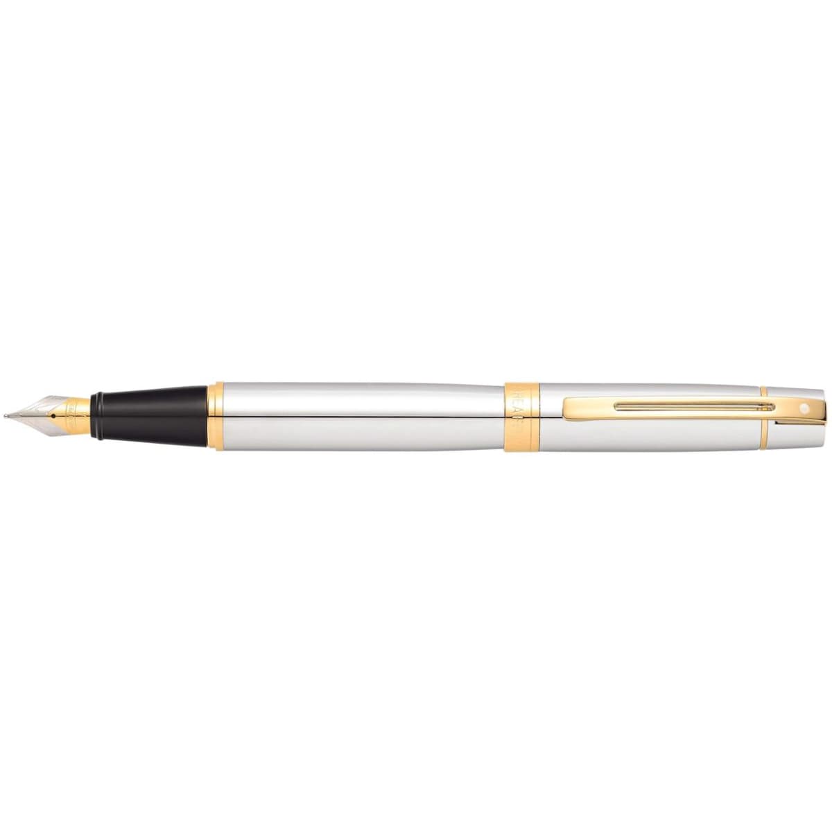A fountain pen with a chrome barrel and gold accents, featuring a black grip and nib. It has a branding logo.