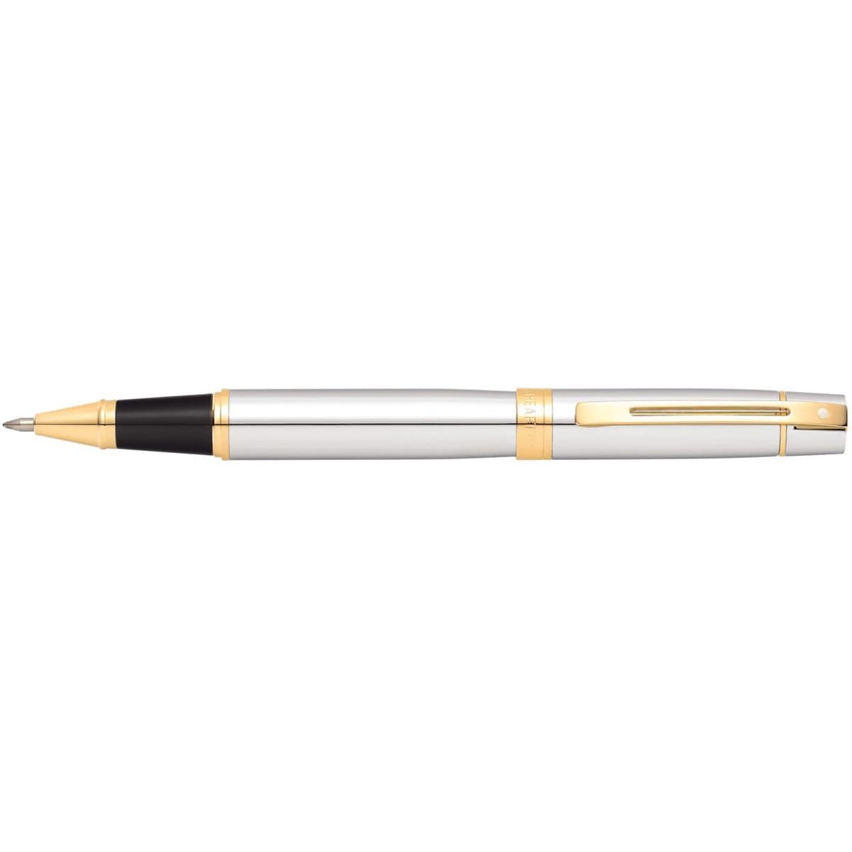 A silver and gold rollerball pen with a black grip, featuring a logo.