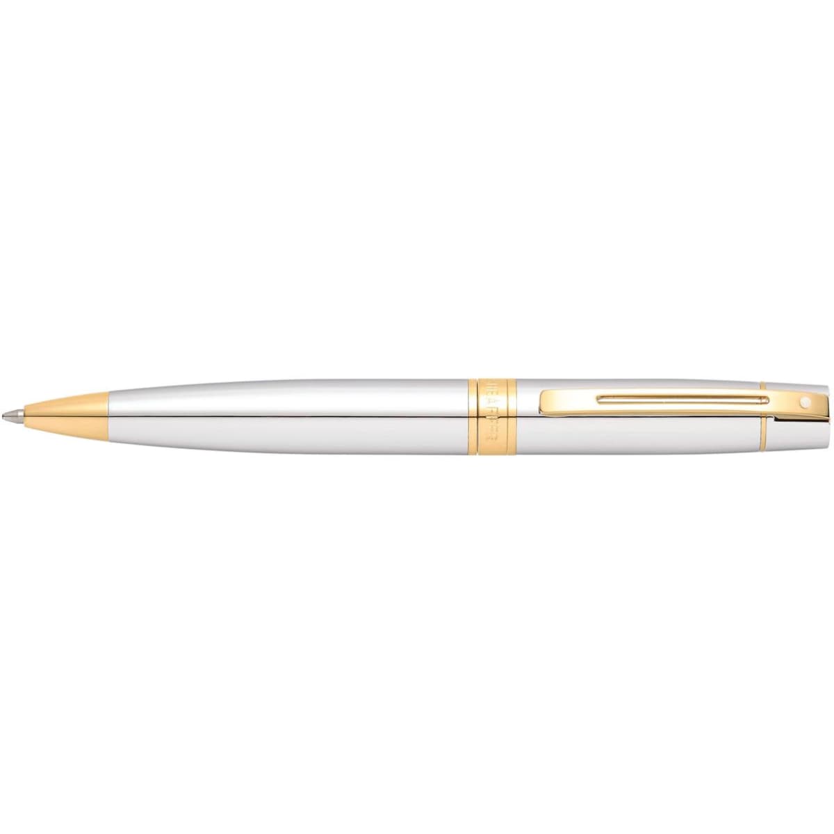 A ballpoint pen featuring a chrome body with gold accents and a sleek design. It includes a branding logo.