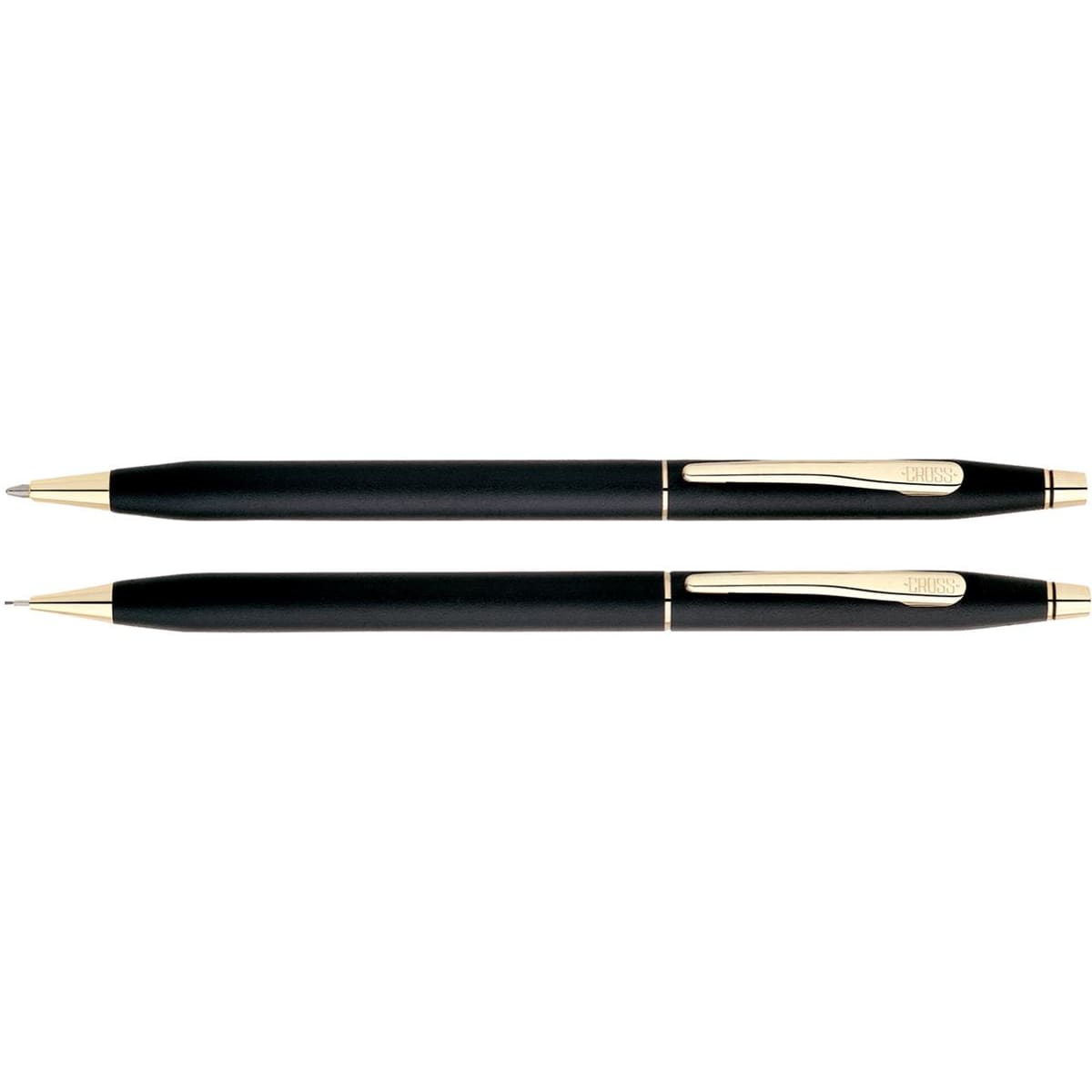 A black pen and pencil set with gold accents, featuring a sleek design and a branding logo.