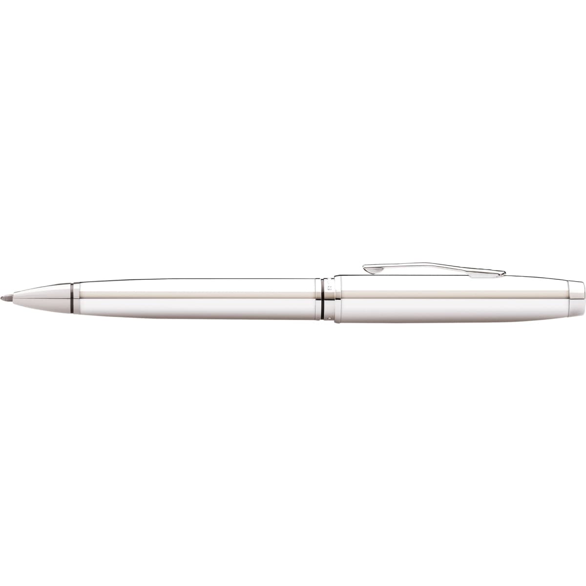 A sleek pen with a lustrous chrome finish, featuring a clip and a streamlined design. It has a branding logo visible.