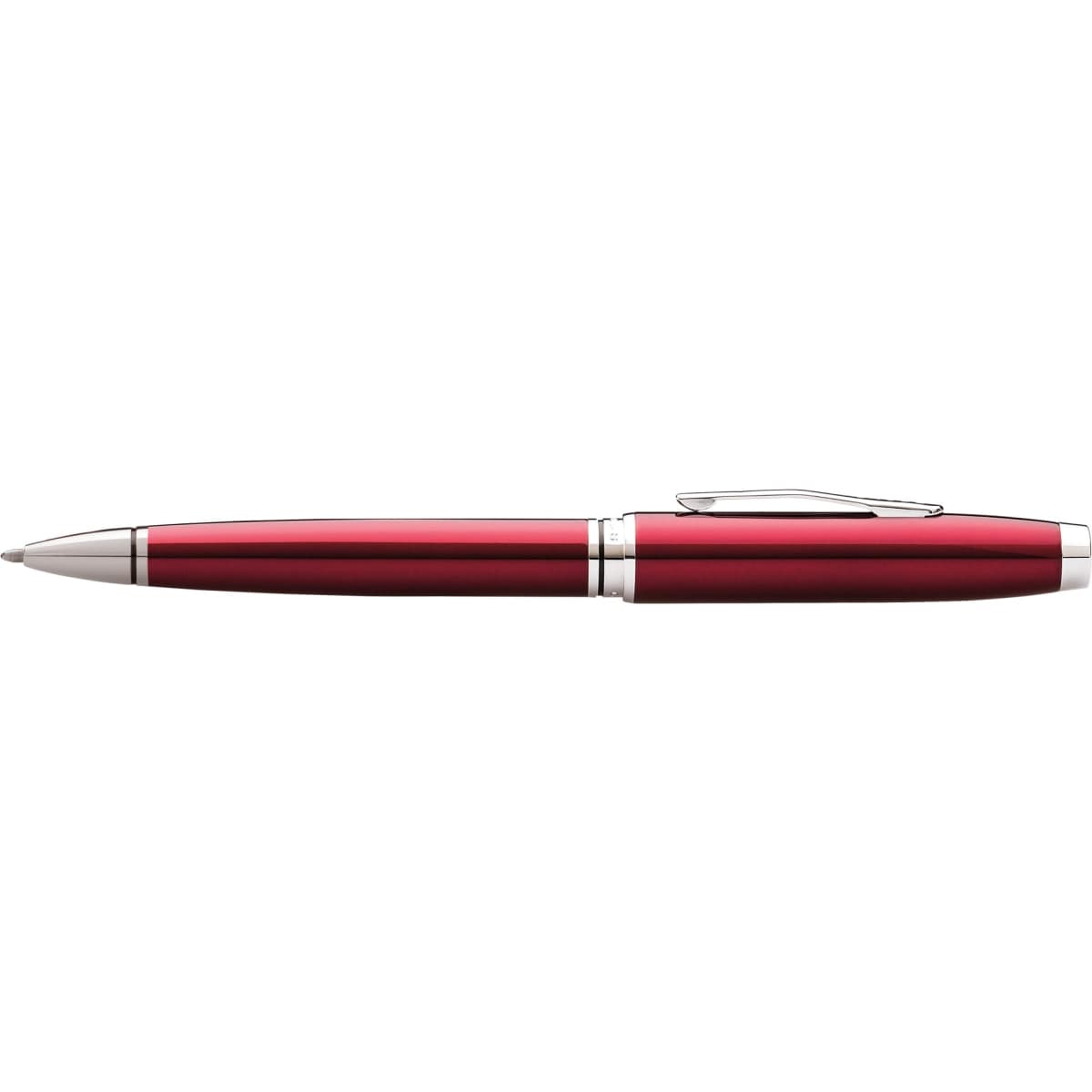 A pen with a red lacquer finish and chrome accents, featuring a clip and a branding logo.