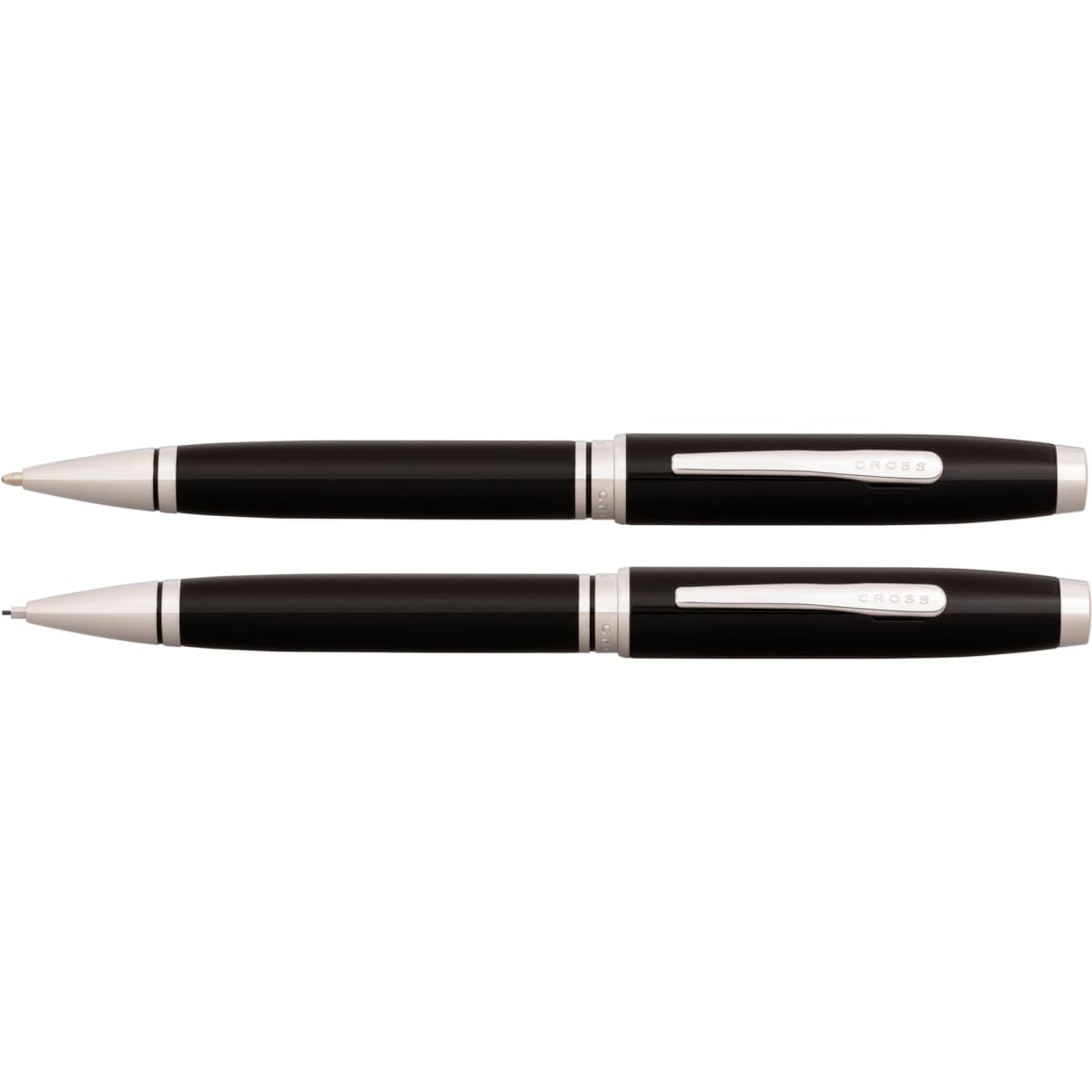 A black lacquer pen set with chrome accents, including a ballpoint and a mechanical pencil. Features a logo.
