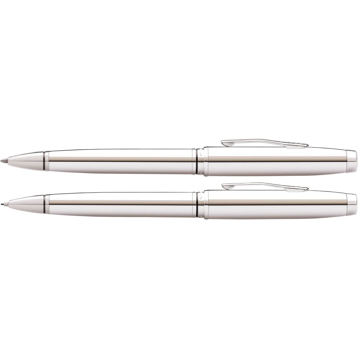 A set of lustrous chrome ballpoint and mechanical pens with a sleek design and a logo.